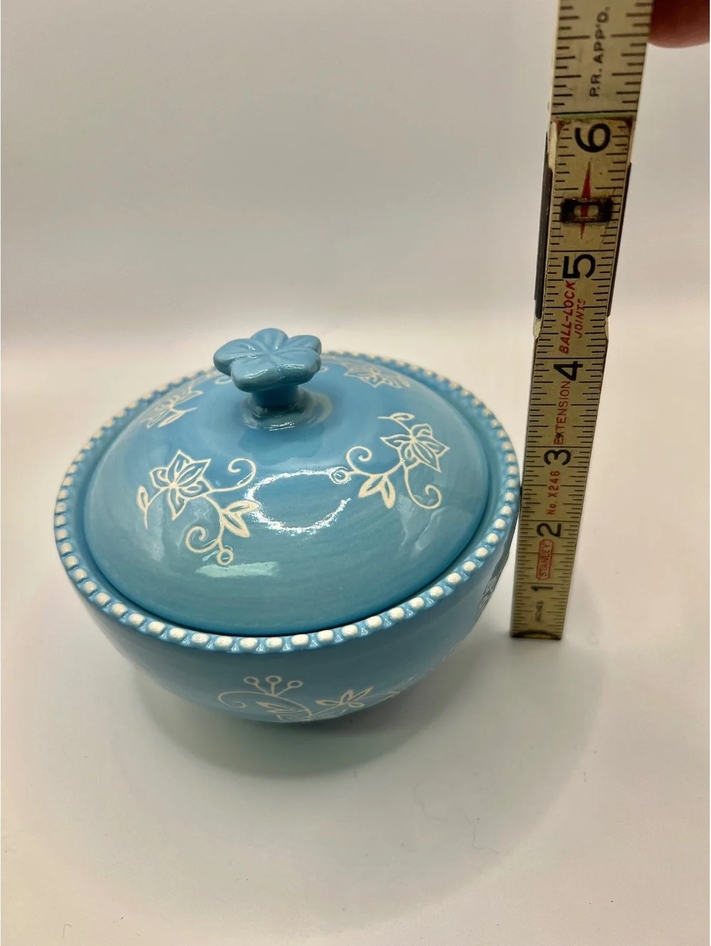 Cottagecore light blue ceramic Sugar Creamer Ivory Floral Design 4” tall